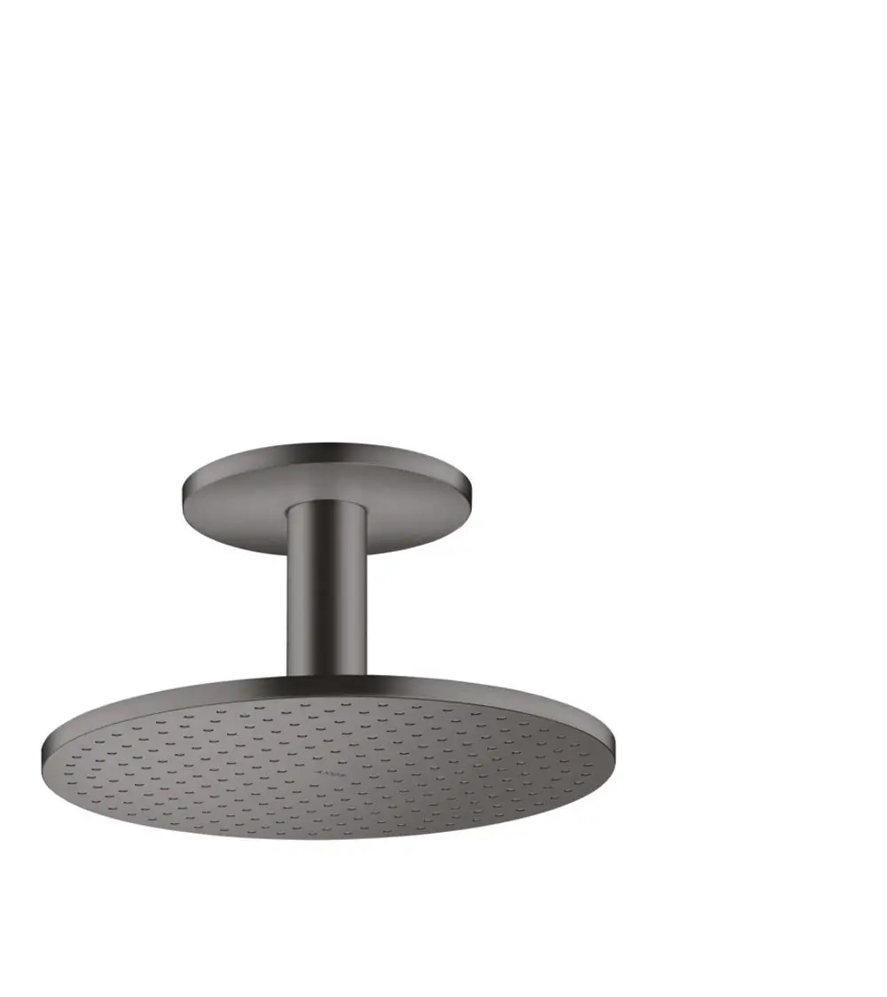 Kopfbrause mit Deckenanschluss in brushed black chrome, rundes Design mit punktuellem Strahl. Produkt von AXOR, für die Wandmontage konzipiert.